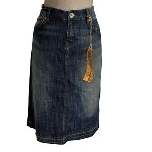 IT Jeans Los Angeles Denim Midi Skirt Distressed Frayed Hem Blue Size 30